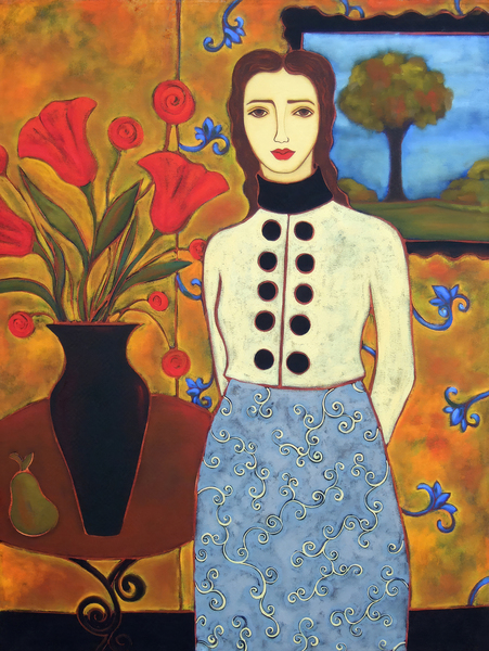 Woman With Tulips and Landscape Print