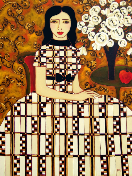 Woman with Ivory Roses and Apple Print