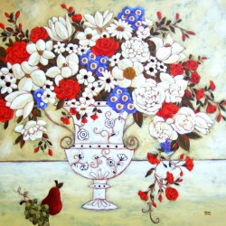 Blooms with Ivory Vase and Pear