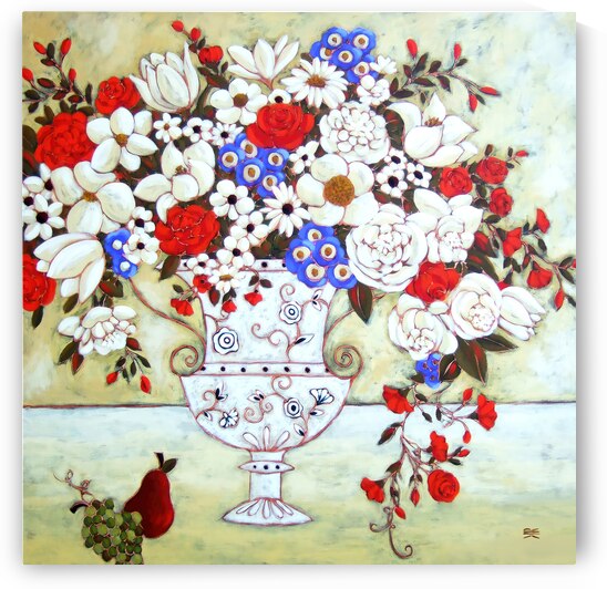 Blooms with Ivory Vase and Pear by Karen Rieger