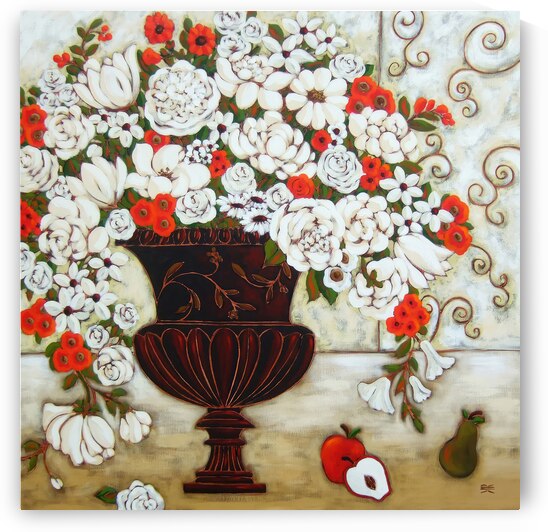 Red and White Blooms With Apples and Pear by Karen Rieger