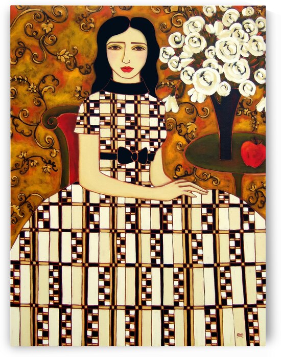 Woman with Ivory Roses and Apple by Karen Rieger