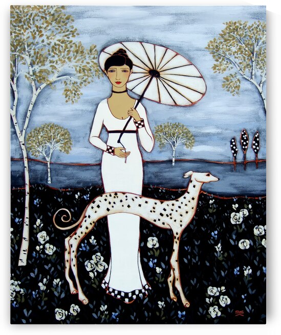 Woman with Birches and Dalmatian by Karen Rieger