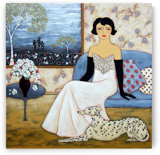 Woman with Landscape and White Rose Bouquet by Karen Rieger