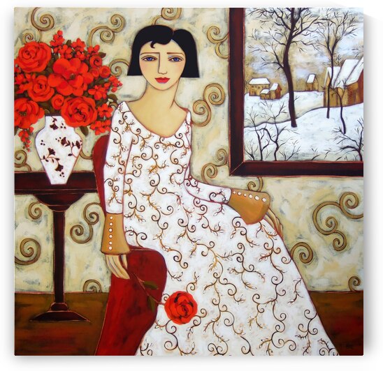 Woman with Winter Landscape and Rose  by Karen Rieger