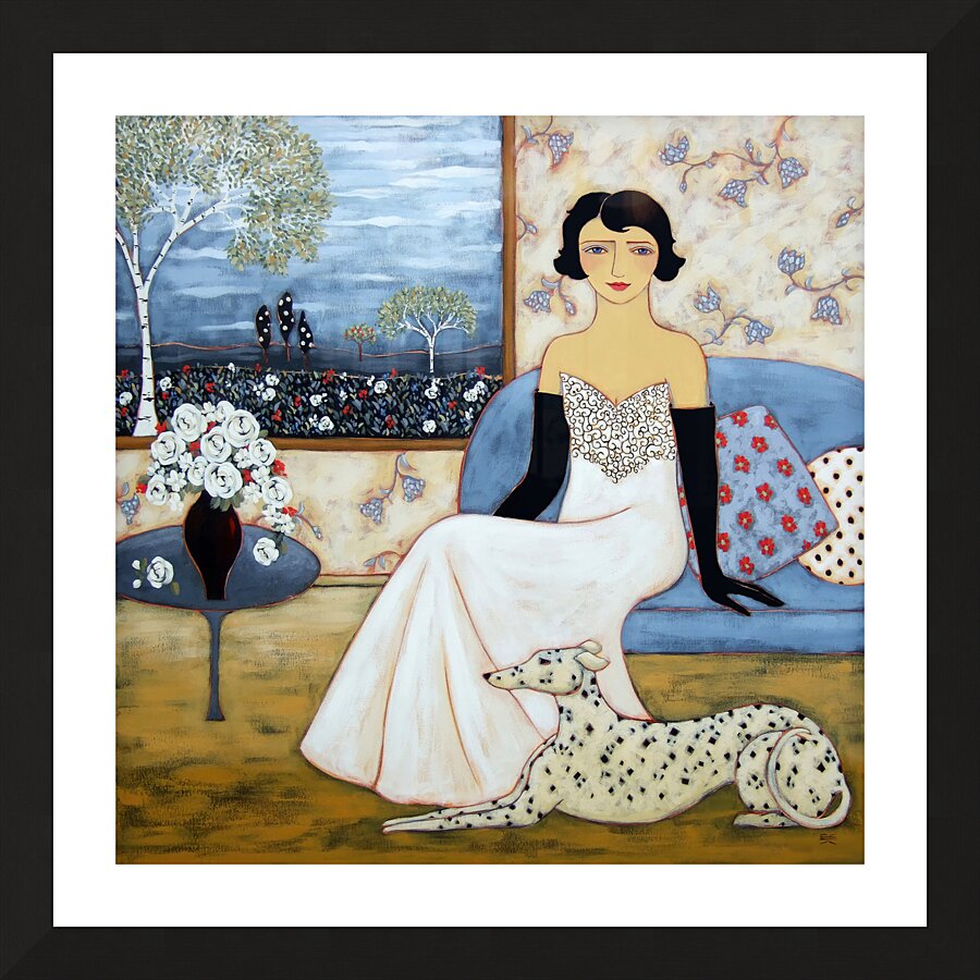 Woman with Landscape and White Rose Bouquet Picture Frame print