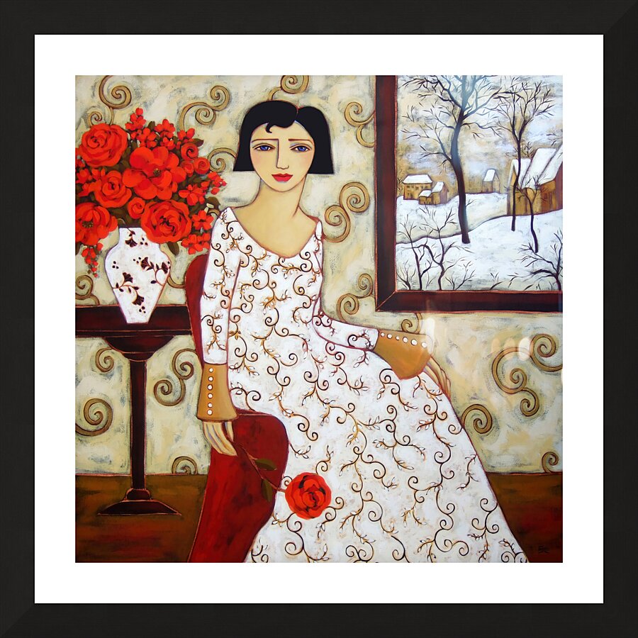 Woman with Winter Landscape and Rose  Picture Frame print