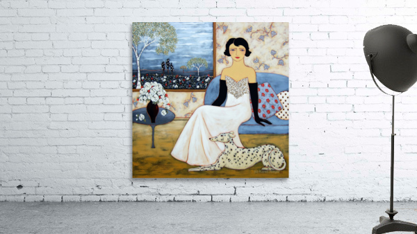 Woman with Landscape and White Rose Bouquet Wall Preview