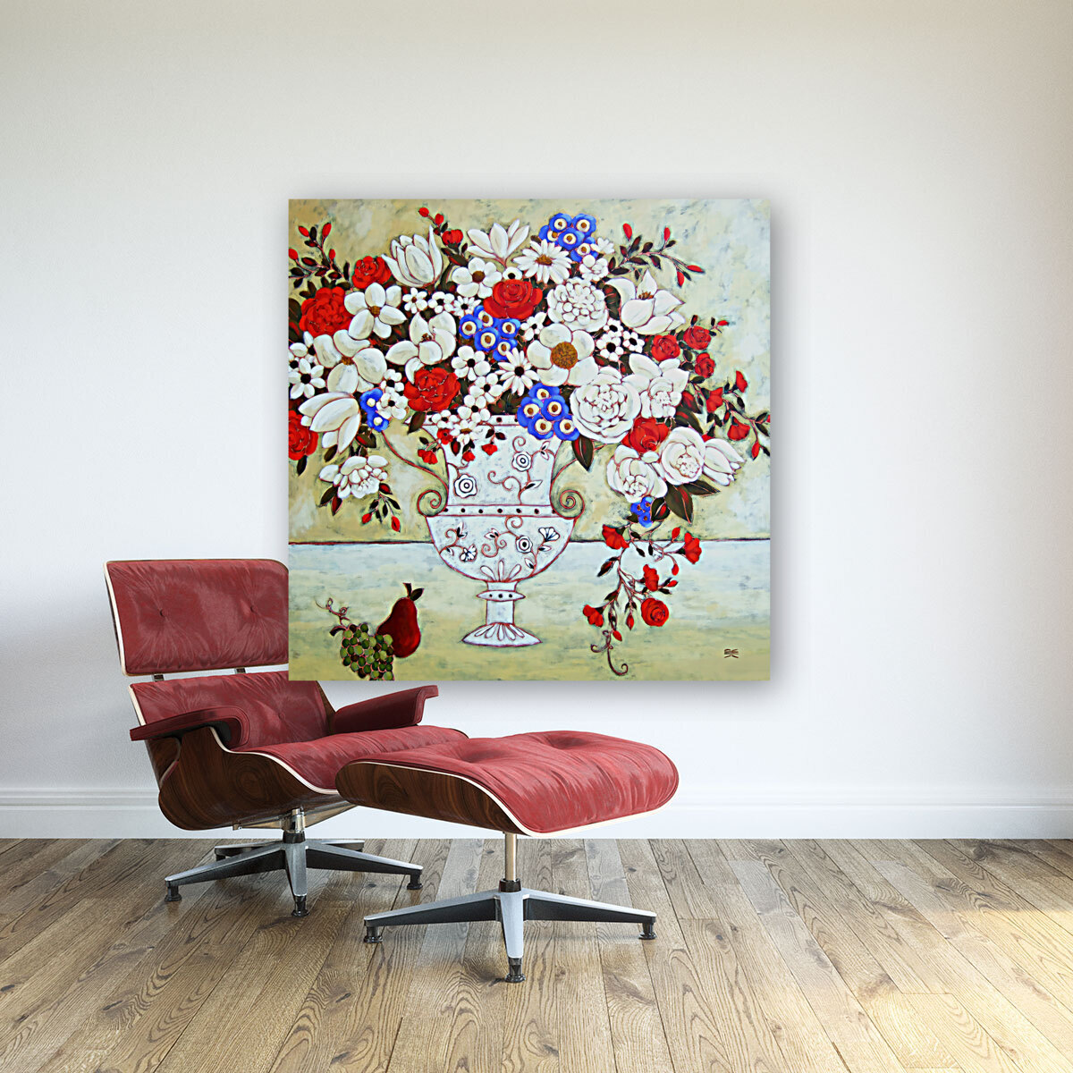 Blooms with Ivory Vase and Pear Reproduction