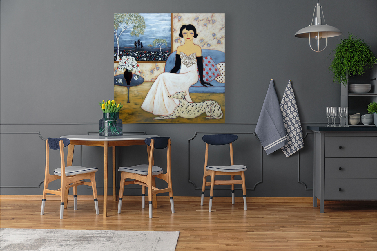 Woman with Landscape and White Rose Bouquet Reproduction