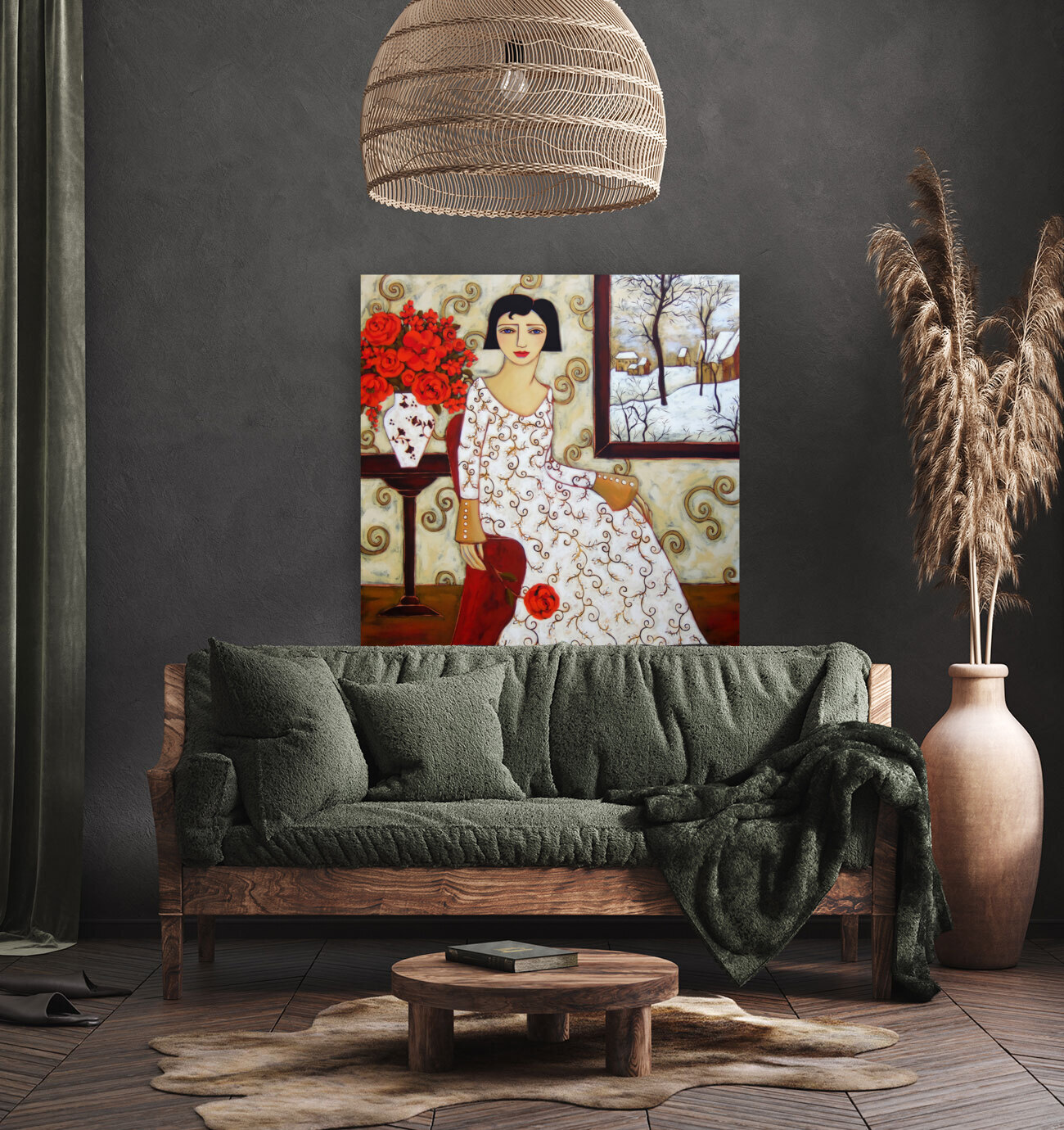 Woman with Winter Landscape and Rose  Reproduction