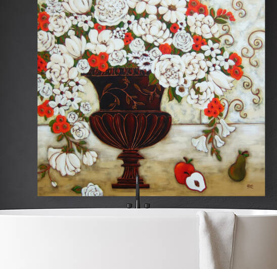 Red and White Blooms With Apples and Pear by Karen Rieger