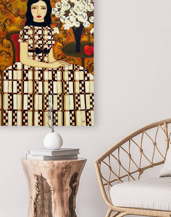 Woman with Ivory Roses and Apple by Karen Rieger